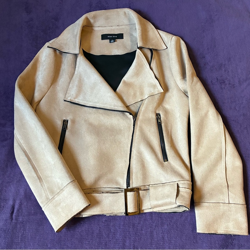 Microfiber Belted Moto Style Jacket